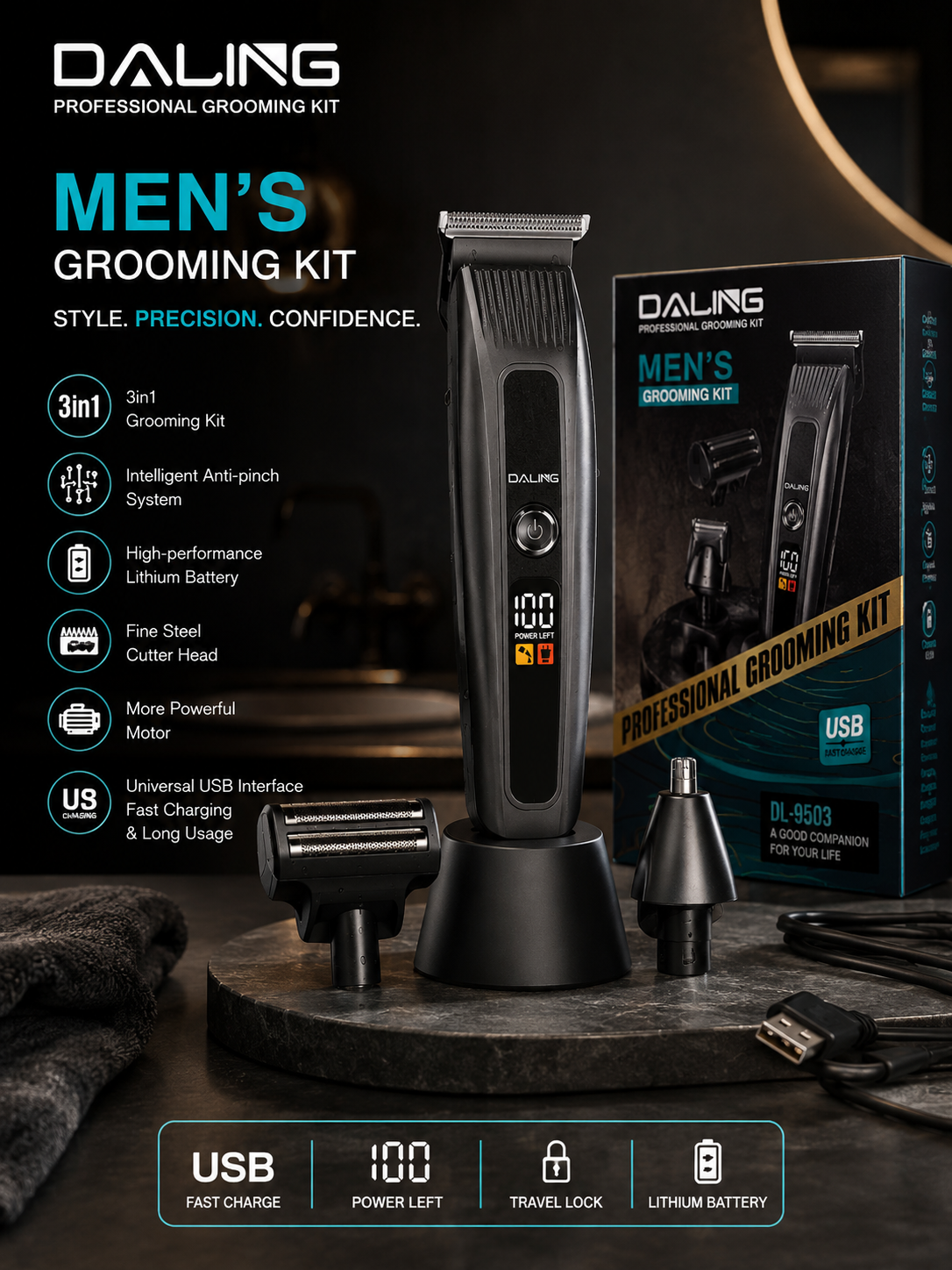 DALING DL-9503 3-in-1 Professional Grooming Kit – Shaver, Clipper & Trimmer