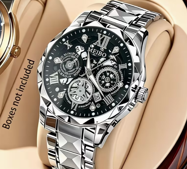 Luxury Silver Men's Quartz Watch – Black Dial