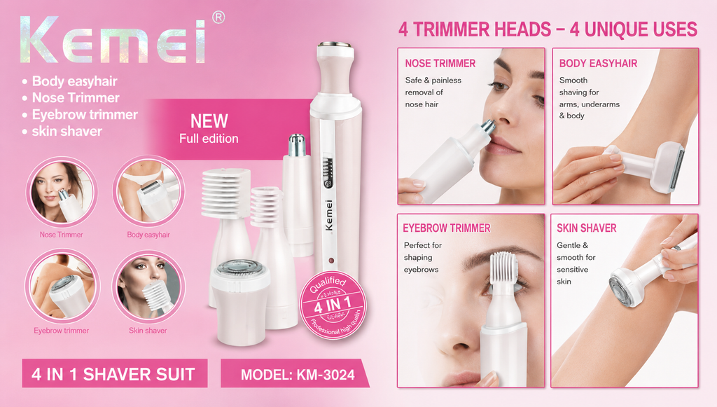 Kemei 4-in-1 Rechargeable Ladies Epilator & Hair Remover – Model 3024